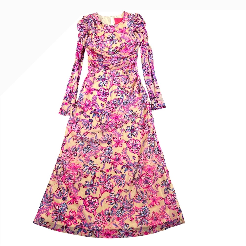 Lilly Pulitzer Womens Size XS Pink Floral Preslie Mesh Long Sleeve Midi Dress